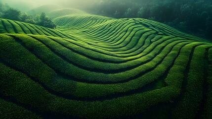 Fototapeta premium Aerial&nbsp;view of rolling green tea plantation terraces showing gradient shades and undulating patterns, captured in morning light with misty atmospheric&nbsp;conditions.