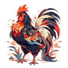 cartoon illustration of a red rooster standing proudly, rooster logo image, cartoon chicken image for children's books, clip art, isolated by white background