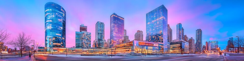 A vibrant cityscape of New York at dusk, showcasing the iconic landmark with high-rise buildings . The sky is painted with hues of blue and purple as the sun sets behind them, casting long shadows on