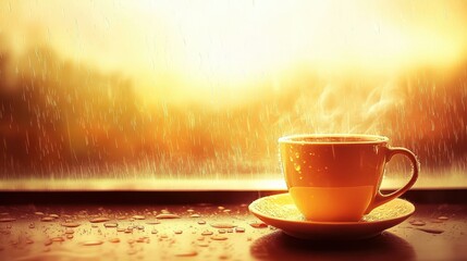 Obraz premium Warm drink steaming on windowsill during rain.