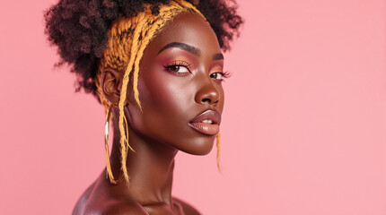 Obraz premium A woman poses confidently, highlighting her natural hair and bold makeup with a striking pink backdrop
