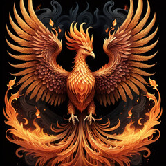 Obraz premium Majestic Phoenix Rising from Flames with Intricate Details Against Dark Background, Symbolizing Rebirth and Transformation.