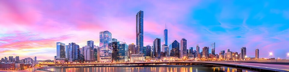 Fototapeta premium A vibrant cityscape of New York at dusk, showcasing the iconic landmark with high-rise buildings . The sky is painted with hues of blue and purple as the sun sets behind them, casting long shadows on