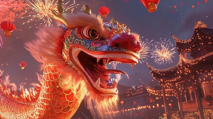 Fototapeta premium Celebration of virtual chinese new year with digital dragon online event festive atmosphere community engagement