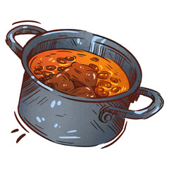 Warm and hearty stew simmering in a metal pot on a cozy kitchen stove during a chilly evening