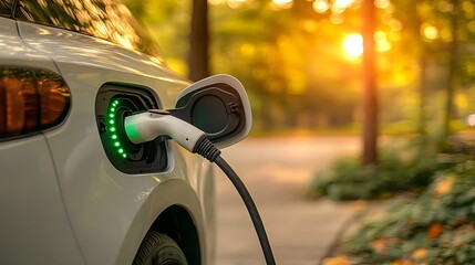 Modern electric vehicle at charging station during sunset, featuring green LED indicators and premium automotive aesthetics in golden hour lighting.