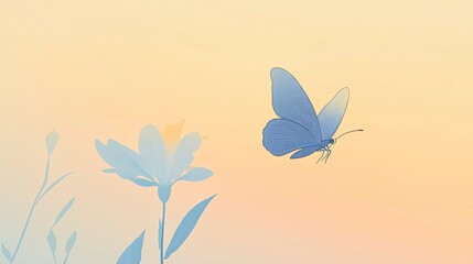 Obraz premium A minimalist depiction of a butterfly, lightly colored in soft blues and yellows, flying near a delicate, lightly outlined flower.,generative ai