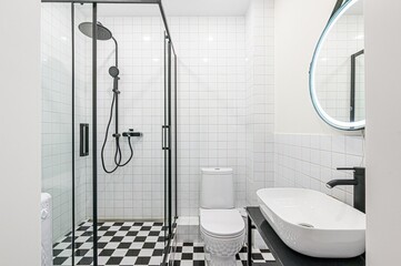interior apartment room bathroom, sink, decorative elements, toilet. WC, sanitary unit, wash room