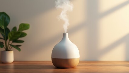 A sleek electric diffuser mockup featuring a matte finish and soft mist, displayed on a wooden surface with subtle reflections.