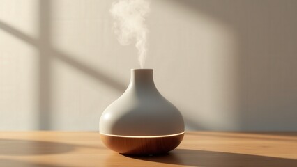 A photorealistic mist diffuser mockup featuring an electric diffuser on a clean wooden surface with a neutral background.
