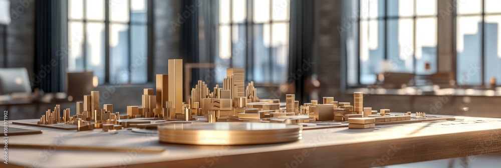 Poster a detailed architectural model of a city displayed in a well-lit workspace.