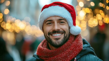 joyful handsome white caucasian man in santa claus hat outside on city. copy space. man in new year christmas hat on winter city bokeh background