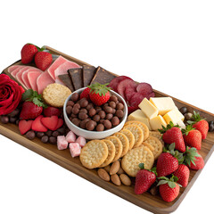 Dessert wooden tray. &ndash; strawberries, chocolate, jam, crackers. Cheese, isolated on white.