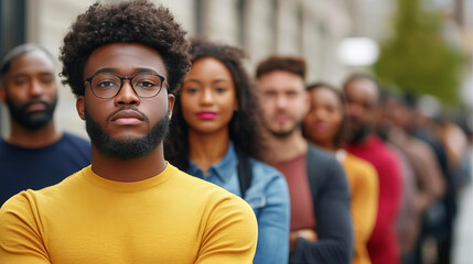 Long line of people at a job fair, hopeful faces, diverse applicants, economic recovery