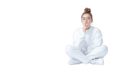 A thoughtful person in casual attire, sitting in a relaxed pose. Transparent background.
