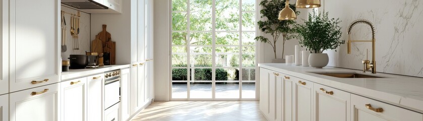 A modern kitchen featuring elegant cabinetry, a minimalist design, and large windows that bring in natural light and greenery.