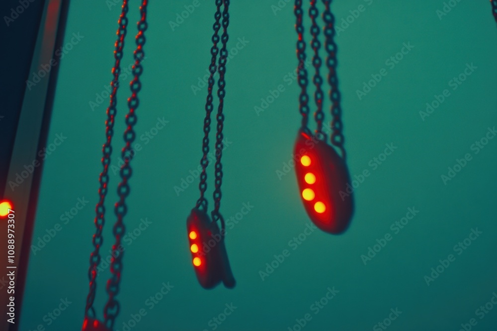 Poster Abstract image of illuminated objects hanging from chains against a colorful background.