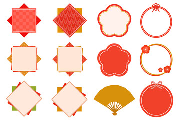 和風　フレーム　枠　年賀　正月　和　素材　セット　見出し　タイトル　飾り枠　飾り罫　囲み　あしらい　お歳暮　新春　縁起物　和柄　桜　梅　扇子　水引　波　四角　丸　菱形　正方形　高級感　おしゃれ　和モダン　豪華　華やか　シンプル　スタンプ　ハンコ　広告