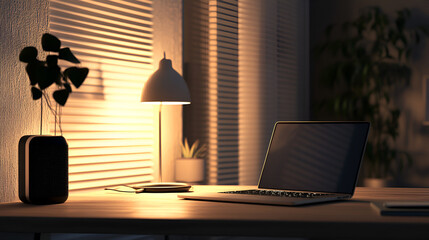 Fototapeta premium Video call in progress with laptop and portable speaker on a stylish desk modern apartment background Copy space
