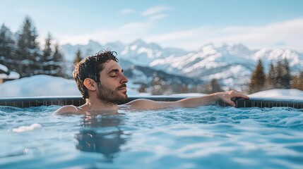 Man Relaxing in Hot Tub with Mountain View in Winter