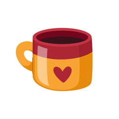 Cute cartoon autumn mug with heart. Hot warming drink - cocoa or tea in a cup.