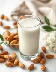 Glass of almond milk sits beside a bowl of almonds on a white surface
