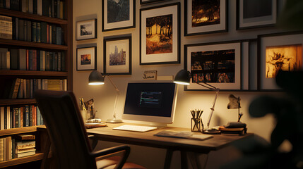 Naklejka premium Video call setup in a cozy home office framed pictures and soft lighting creating a comfortable work atmosphere Copy space