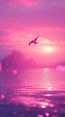 Naklejka premium Majestic bird soaring over tranquil pink ocean during sunset, creating a dreamy and magical atmosphere with added glitter effect