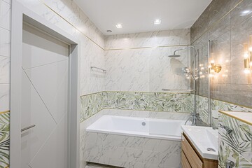 interior apartment room bathroom, sink, decorative elements, toilet. WC, sanitary unit, wash room
