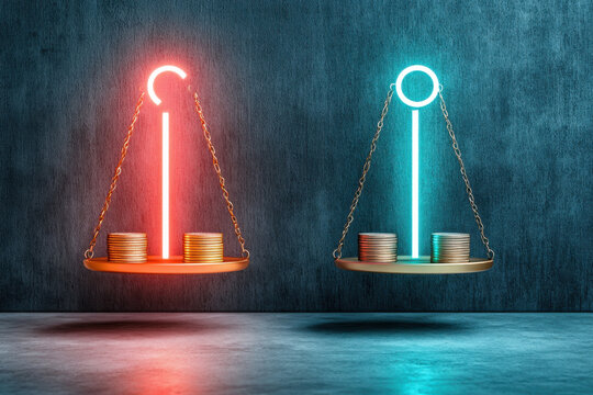 Commission-Based Income. A vibrant image of a balance scale with neon lights, featuring red and blue sides, symbolizing financial equity and decision-making with stacks of coins.