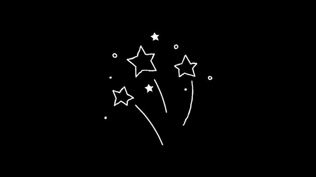 Hand drawn shining stars. Set of animated cartoon white sparkles in doodle style on transparent background. Alpha channel. Looped stickers for videos. A cloud of cosmic shining dust.