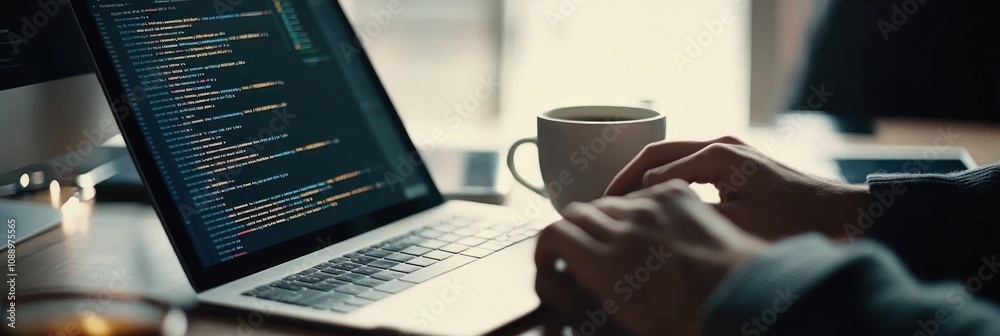 Poster a person coding on a laptop with a coffee cup nearby in a cozy workspace.