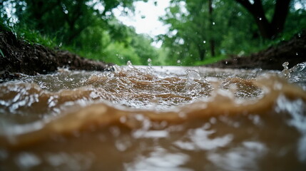 Flash flood on a dirt road, muddy waters rushing through a rural area, showing the intensity of sudden rain