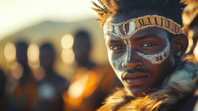 Young men participate in a Xhosa initiation ceremony, adorned in ceremonial attire and face paint