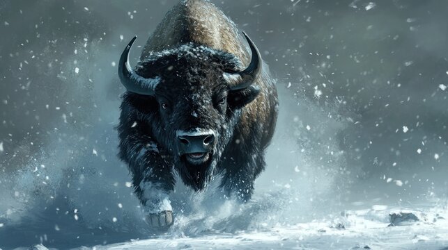 Majestic Bison Charging Through a Snowy Wilderness