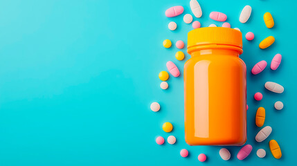 Colorful assortment of pills and an orange bottle against a bright blue background with open space for health-related messages and concepts