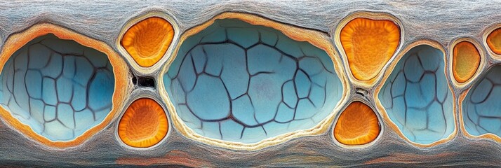 Microscopic View Vibrant Cellular Structures Exploding with Color and Intricate Textures