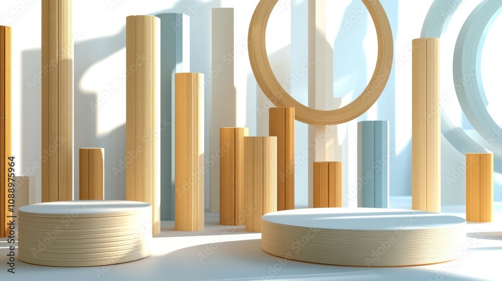 Poster a minimalist arrangement of wooden shapes and forms creating a serene, artistic space.