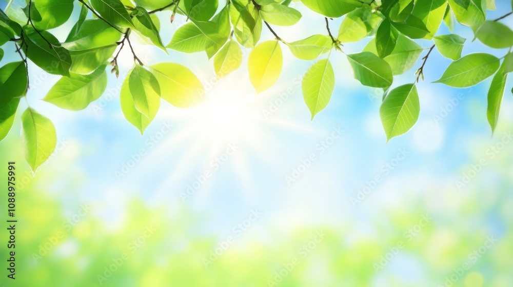 Poster Bright sunlight filtering through green leaves, creating a serene and refreshing atmosphere.