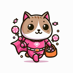 illustration of a cute cat in superhero suit. Halloween sticker