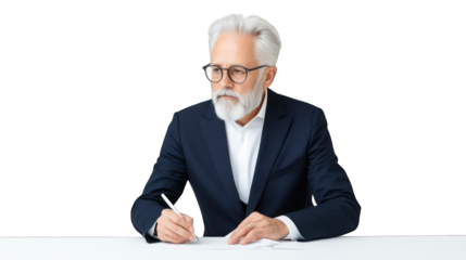 Elderly man in a suit writing on paper with a thoughtful expression. Transparent background.