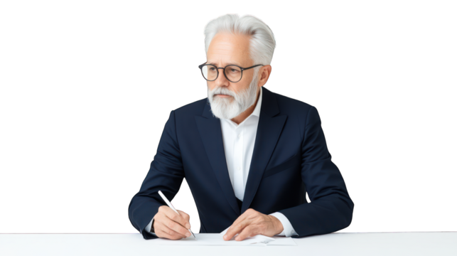 Elderly man in a suit writing on paper with a thoughtful expression. Transparent background. - Powered by Adobe