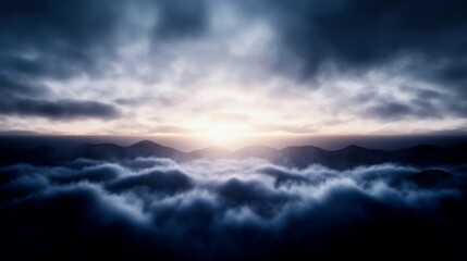 Fototapeta premium Fog rolling over a valley at dawn, mysterious and atmospheric, with light beginning to break through