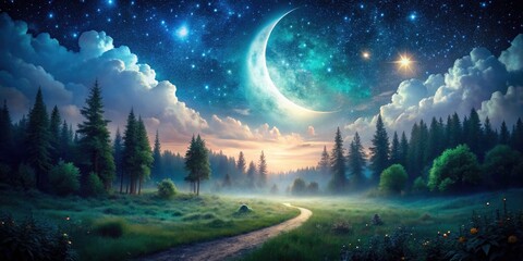 Fototapeta premium Enchanting Night Forest with Crescent Moon and Whimsical Sky - Perfect for Dreamy Landscapes and Nature Themes