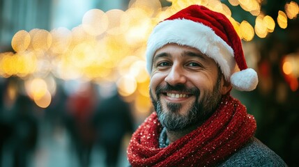 joyful handsome white caucasian man in santa claus hat outside on city. copy space. man in new year christmas hat on winter city bokeh background