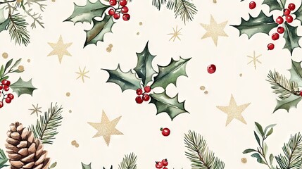 Watercolor Christmas Pattern with Holly, Pine, and Gold Stars