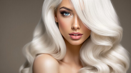 Fototapeta premium Long, wavy platinum blonde hair frames a woman’s face, highlighting her blue eyes and soft features in a studio setting