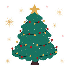 Christmas tree with electric lights and the star top with flat sparkles and stars. Vector decorative sticker and New Year decorative element. 