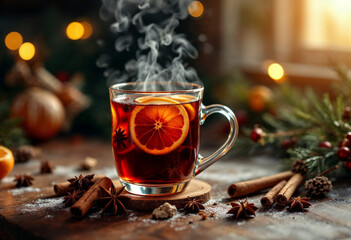 Hot Mulled Wine Served In Glass Mugs With Winter Aromatics