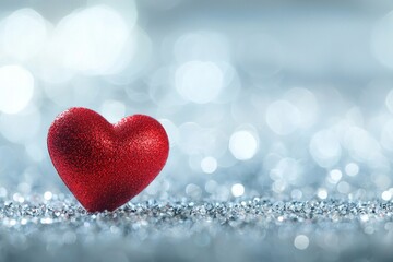 Fototapeta premium One red heart on a glittering background with bokeh lights, a romantic Valentine's Day background, a love concept. 